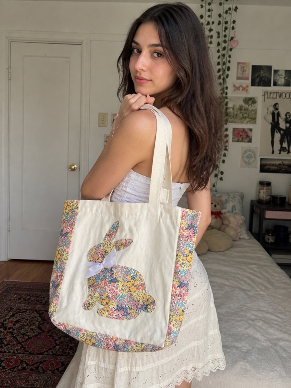 Canvas Cottagecore Bunny Floral Tote Bag - Cream